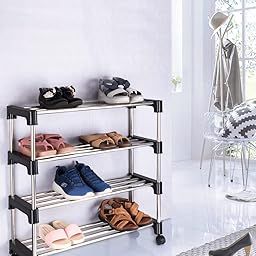 SKORTIX Premium Shoes Stand for Home - Stainless Steel 4-Tier Shoe Rack for Home Metal, Durable, Foldable Steel Rack, Stackable 12 Pair Shoe Stand for Closet, Entryway and Doorway (Black & Silver)-image-97