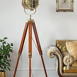 Royal Nautical UTC Wooden Brown and Brass Antique Gold 5ft Height Adjustable Tripod Floor Lamp Standing with Moveable Spotlight-image-31