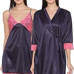 Women's 2 Pcs Satin Nightwear Set in Navy & Pink - Short Robe & Nightie-image-61