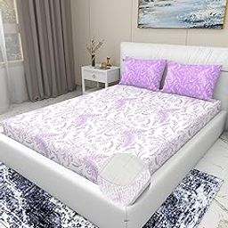 APALA Cotton Feel Glace Cotton Elastic Fitted Floral King Size Double Bed Bedsheet with 2 Pillow Covers Fits Up to 8 inches Mattress, Size,- 72x78x8 Inches, White & Purple-image-54