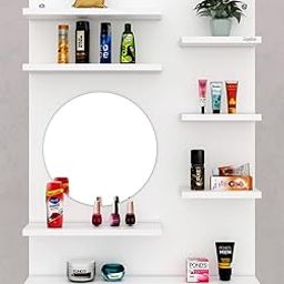 Blezaa Engineered Wood Wall Mounted Dressing Table with Round Mirror (White) Home Living Room Bedroom Office Traditional Furniture Arge Rectangle Box-26