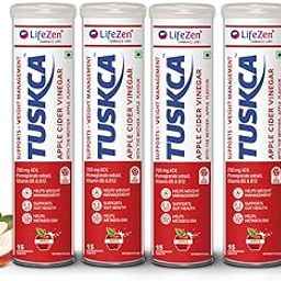 Tuskca Apple Cider Vinegar with Mother 15 Effervescent Tablets 700mg, Pomegranat extract, Apple Flavour | Weight Management, Gut Health, Digestion, Boosts Metabolism | No added Sugar (Pack Of 4)-15