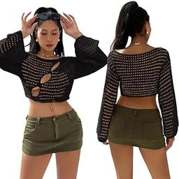 Women's Crochet Crop Top Vintage-Inspired, Knitted Jumper with Long Sleeves, Loose fit, and a Crew Neck – Ideal Fashionable 4 Cover-up.-image-60