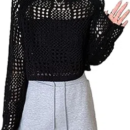 icw Women's Knitted Crochet Transparent Long-Sleeve Hollow Out Sheer Pullover Top T-Shirt Sweater Dn61 (One Size Fit XS-S-M-L)-picture-5