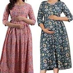 HRK VEMON Women's Pure Cotton Printed Maternity Gown Feeding Nighty A-line Feeding Dress Kurti Gown for Women Pack of 2-28