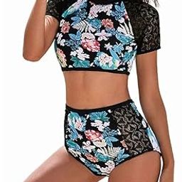 Ladies Beach Swimwear Women Two Piece Tankini Swimsuit Floral Print Rash Guard Swimwear Athletic Sport Beachwear Short Sleeve Crop Top with High Waist Bottom Bathing Suits Swimsuit Suit-image-13