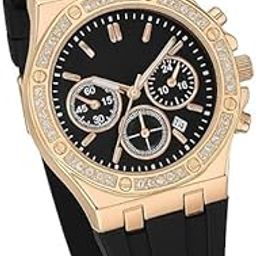 Luxury Chronograph Watch, Rose Gold Crystal Bezel, Black Silicone Strap, Date Display Premium Watch for Women & Gilrs & Ladies-image-33