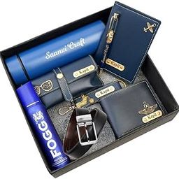 Your Name Customized Mens Gift Hamper Set with Water Bottle, Passport Cover, Pen, Men Wallet, Sunglasses Cover, Keychain, Men Deodorant, Golden Rose and Mens Belt (Blue)-image-27