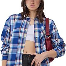 Plaid Shirt: Avril Women and Girls Long Sleeves Collared Neck Button Front Blue Cotton Boyfriend Shirts-picture-33