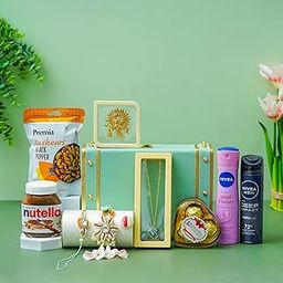 Rakhi Gift Hampers | Raksha Bandhan Gift Hamper for Brother & Sister-In-Law | Designer Lumba Rakhi For Bhaiya & Bhabhi | Nutella | Deo | Pendent | Roasted Cashews & Chocolates | Gift For Newely Mairred Couple |-image-94
