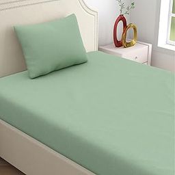 haus & kinder 150 Tc Wrinkle And Iron Free 100% Cotton Jersey (Soft T-Shirt Fabric) - Single Bedsheet Cotton Elastic Fitted With 1 Pillow Cover - Fits Up To 8" Mattress- (78" X 36") Solid, Sage Green-image-64