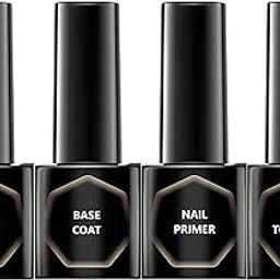 Anezus Pack of 4 UV Lamp Dry Matte, Glossy Finish Top Coat, Base Coat, Nail Primer - 15ml Each - For Acrylic/Polygel/Gel Nail Extension-18