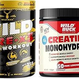 WILD BUCK Wild Pre-X3 Hardcore Pre-Workout Supplement Powder, Energy Drink Monohydrate, Men,Women [30-60 Servings, Green Apple, 255G] + Reduce Fatigue, [50 Servings, Pink Lemonade]-picture-1