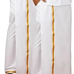 ramraj cotton Men Cotton Blend Readymade Single Layer White Dhoti with Gold Jari Border Genxt - M (Pack of 2)-picture-28