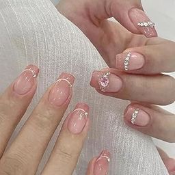 Secret Lives Pink Reusable Artificial Fake False with 3D Pink Heart & Silver Studs Easy to Use Press on Nails 24 Pieces with Kit-97