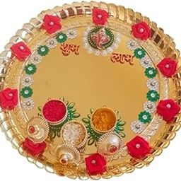 P.A. Decorative Golden Pooja Thali Set | Three Haldi kumkum Holder | Chandan Tilak Tika Set | Engagement,Rakhi Puja Thali.[10 Inch]-image-52