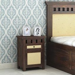 GF Furniture Solid Sheesham Wood Bedside Table with Drawer & Cane Door Cabinet | 60x45x30 cm | Rustic Finish | Traditional Design-image-35