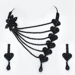 Black Heart Necklace and Earring Set, Beaded Statement Jewellery with Diamond-like Stones-image-18