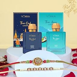 VOKKA Rakhi Gift for Brother – 2 Unisex Perfume Thai Oud & Thai Aqua (100ml Each) with 2 Rakhis | Omkaar & Desert pearl Rakhi | Raksha Bandhan Combo Set for Bhaiya & Bhabhi-image-99