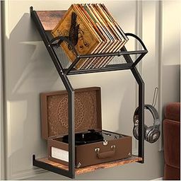 61867 Record Player Stand - Wall Mounted Turntable Table With Storage - Vintage Ironwood Vinyl Mount-picture-17