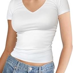 Womens V Neck Short Sleeve Crop Top Double Lined Slim Fitted Basic Tee Going Out Cute Summer T Shirt Trendy X L2688 VK-picture-30