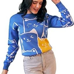 Women Cat Printed Round Neck Drop-Shoulder Sleeves Ribbed Hem Regular Sweater-image-28