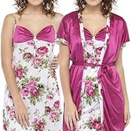 Women Satin Printed Nighty with Robe Set-image-64