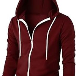 Mens Casual Solid Cotton Blend Relaxed Fit Hoodie T-Shirt with Drawstring - Full Zip Closure-image-23
