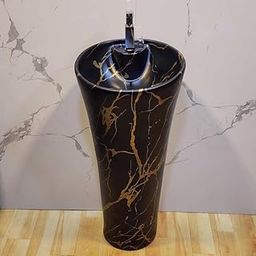 Clay Plus Free Standing Damru Pedestal One Piece Black Matte Finish Premium Grade Ceramic Wash Basin Single Bowl for Bathoom, Hotel, Livingroom, Home, Office and All (Matt Black)-4