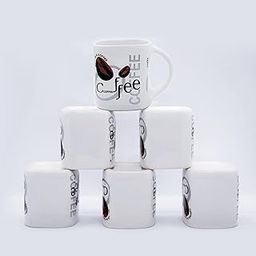 Ceramic Coffee Mugs (Set of 6) – 150 ml Printed Square Cups with Handle – Microwave Safe – White Coffee Design – Tea & Coffee Mug Gift Set-5