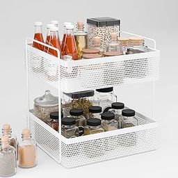 Kuber Industries 2-Tier Metal Square Kitchen Rack Stand Organiser | Countertop Organizer Kitchen Bathroom Standing Rack | Spice, Oil, Masala, Cosmetics & Bathroom Vanity Storage Rack Shelf | White-9