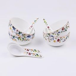 GOLDEN QUEEN'S Set of 4 Bowls with Spoons - Durable, Stylish and Microwave Safe | Perfect for Serving Soup, Dal, Curry | 4 Bowls & 4 Spoons - Summer Florals-image-33
