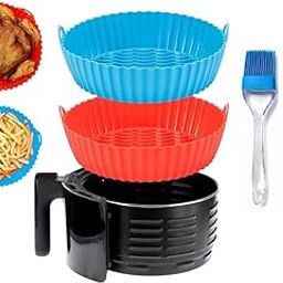 Set of 2 Round Silicone Air Fryer Liners with Ear Handles - 8in Nonstick, Reusable, Heat-Resistant, Red & Blue + Oil Brush & Spatula-image-75
