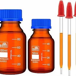Bello Borosilicate Glass Amber Reagent Bottle 50ml & 100ml with Blue Screw Cap glass dropper 4 inche 3pcs Leak-Proof for lab laboratory school college education science experiment and professional use-image-5