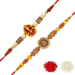 Stylish Meenakari Ganesh and Peacock Rakhi (Set of 2) with Roli Chawal and Greeting Card (I1F1)-0