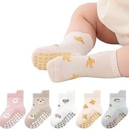 5-Pack Baby Socks with Non-Slip Grips | 100% Cotton Summer Socks for Boys & Girls 0-12 Months | Cute Animal Designs (Elephant, Bunny, Bird, Hedgehog, Puppy)-image-55