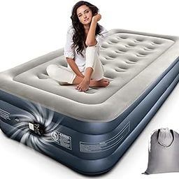 YIQELU Single Air Bed, Inflatable Bed with Built-in Electric Pump, 3 Mins Quick Self-Inflation/Deflation Guest Air Mattress, Blow Up Bed for Home Portable Camping Travel 190x100x46cm 250kg MAX-27