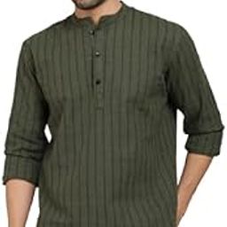 Men's Striped Cotton Short Kurta, Mandarin Collar, White and Grey, Long Sleeve-image-96
