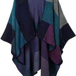 LOSA Women's Plaid Color Block Shawl Wrap Open Front Poncho Cape Cardigan Purple-picture-25