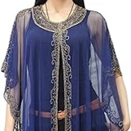 King Fashion Women's Net Hand Bead Embroidery Designer Short Cape Poncho (Blue Silver)-4