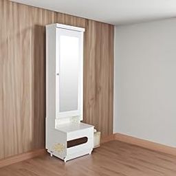 CASPIAN Engineered Wood Single Door Wooden Vanity Dressing Table (White) | Pre-Assembled Furniture with Mirror | Makeup & Accessories Storage Organizer with 6 Shelves & 2 Drawer-1