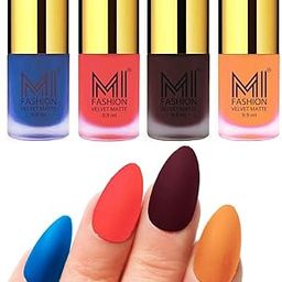 MI FASHION Velvet Matte Nail Paint Set-4 Lacquer And Highly Pigmented Intsense Color Navy Blue, Neon Orange, Wine, Saffron Orange 9.9ml Each-93