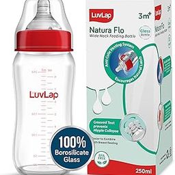LuvLap Natura Flo Wide Neck Glass Feeding Bottle, New Born/Infants/Toddler Upto 3 Years, BPA Free, Ergonomic Shape is Easy to Hold, with Anti Colic Nipple, 250ml-30