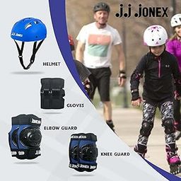 JJ JONEX Skating Guard, Protective Skating Guard Kit | Skate, Cycling Protection Set | Multi Sport Gear for Children Age 5-16 Years, Helmet Elbow Guards Knee Caps & Hand Gloves,Blue Size M-14