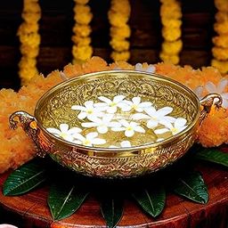 BEHOMA Ethnic Carved Peacock Design 9.5 Inches Brass Urli Decor Bowl, Golden Center Table Flower Decorative Bowl for Home Decor, Urali for Haldi, Mehndi Wedding, Pooja and Holi Decoration, 1 pc-image-13