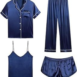 Women's Polyster 4 Pieces Pajama Set | Strap Cami Top | Shorts and Pant | Short Sleeve Sleep Shirt |Nightwear Set | - P, Blue-image-87