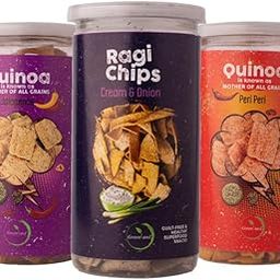 GREENLAND Protein Chips (Pack of 3, 135g Each) Healthy Snacks | Gluten Free | Rich in Protein | Zero Trans Fat | Flavor: Peri Peri Quinoa, Jalapenos Quinoa, Cream & Onion Ragi-image-51