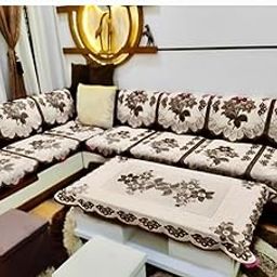 Altica Decor® Cotton Floral Printed Designer L Shape Sofa Cover Set (Slipcovers) with Table Cover for Your Home Long Sofa and Couch(3+4 Seater) (Set of 15)(Color-Brown)-image-51