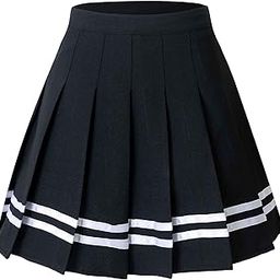Women Girls Short High Waist Pleated Skater Tennis Skirt, Black With Stripes, 6-image-56