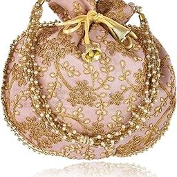 Traditional Embroidered Potli Bag For Women, Handmade Pure Silk Potli Handbag Wristlets Ethnic Bridal Potli Batwa Bag For Ladies For Wedding, Return Gifts (Baby Pink)-image-95